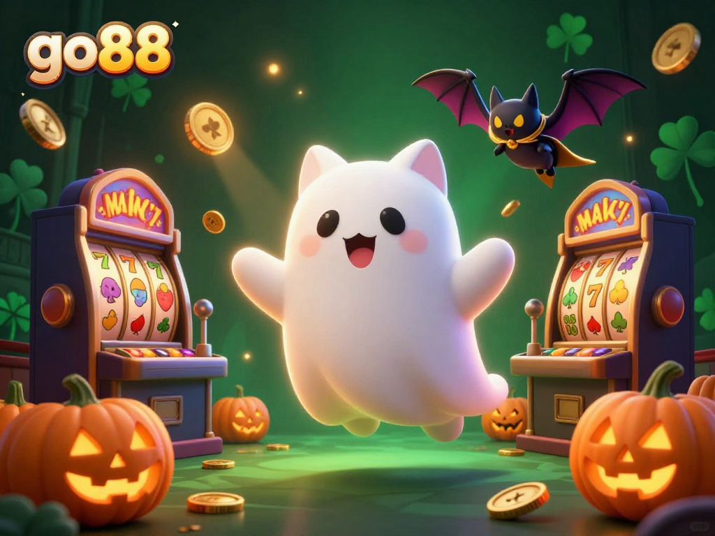 Engage with go88's thrilling haunted casino adventure featuring a ghost cat, vampire bat, and glowing jack-o-lanterns.