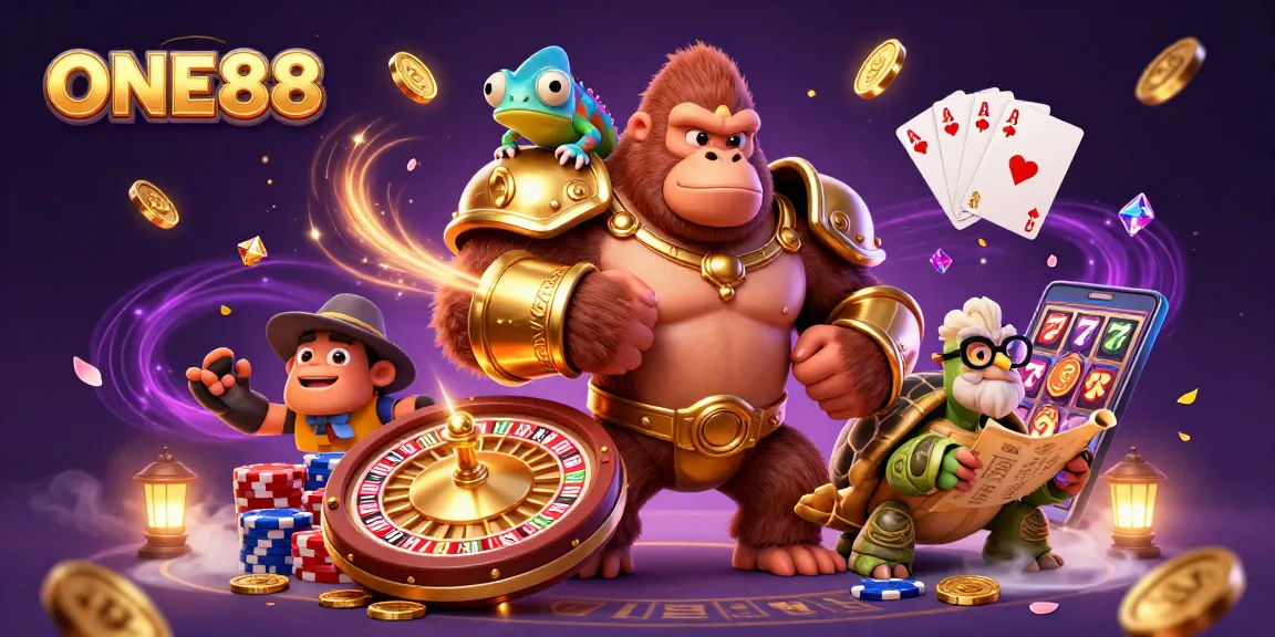 Experience the thrill of ONE88 with a powerful gorilla king and dynamic casino elements.