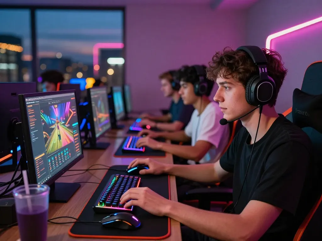 Young man immersed in 789club gaming experience with vibrant graphics and modern accessories