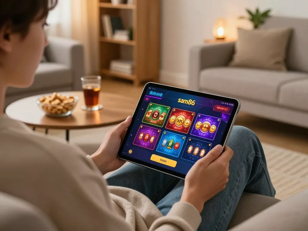 Player engaging with sam86 casino app on tablet at home, showcasing vibrant game graphics.