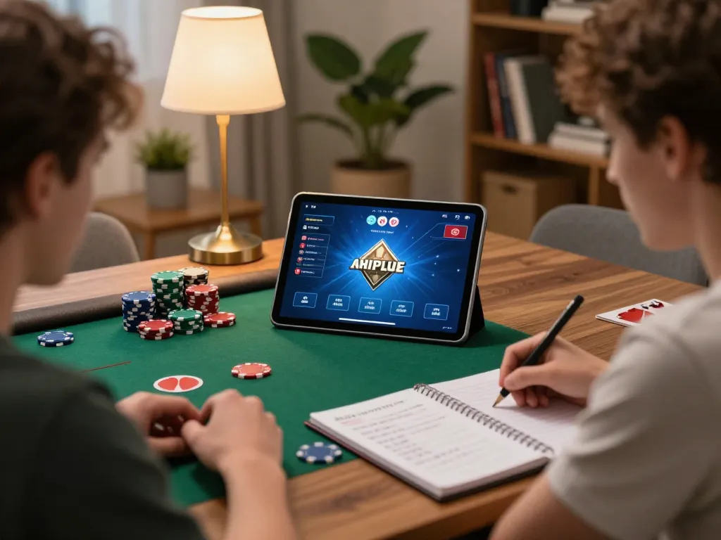 Hitclub player strategizing in an engaging online poker game surrounded by chips and notes.