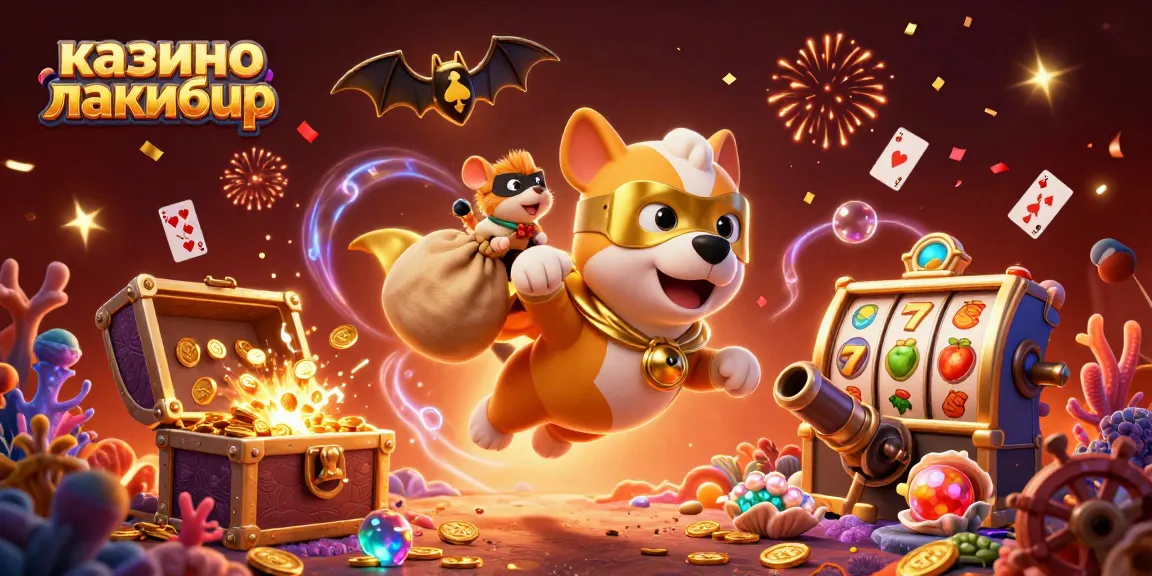 Experience the thrill of казино лакибир with a dynamic illustration of a superhero dog, slot symbols, and treasures.