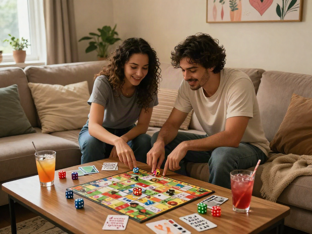 Couple engaged in a sex game during a cozy night in, surrounded by playful props and cocktails.