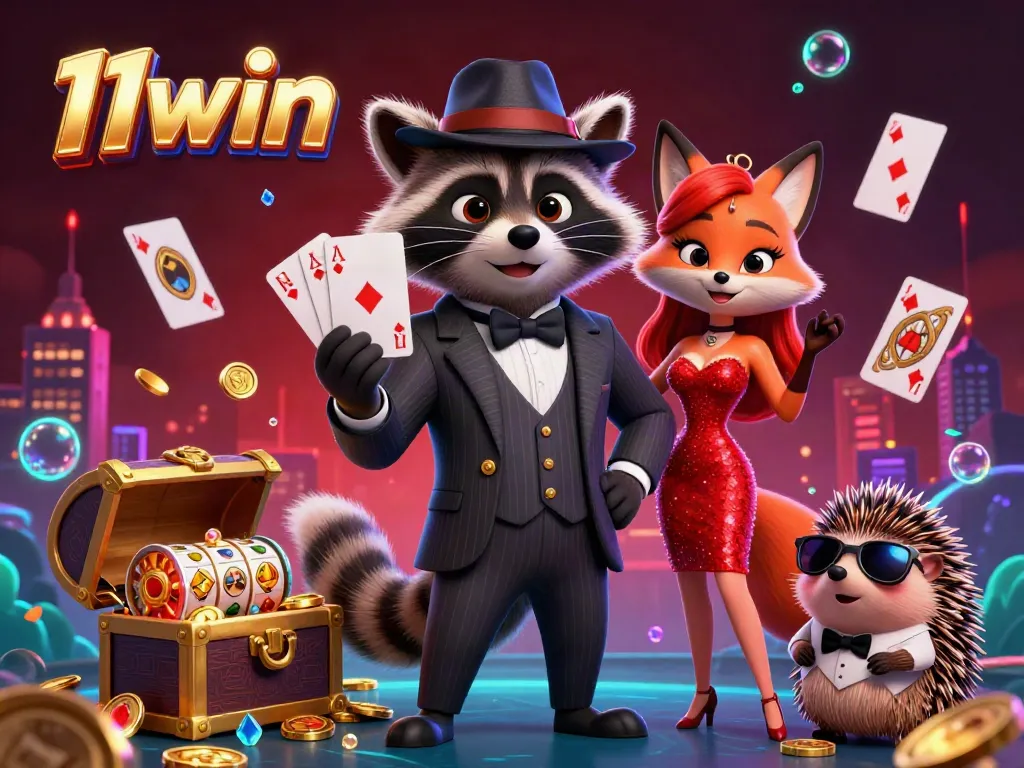 Experience thrilling moments at 11win with a raccoon and fox playing cards in a vibrant casino scene.