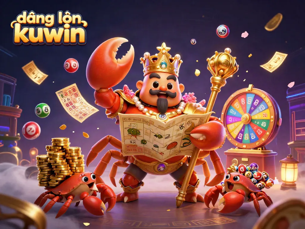 Experience the excitement of đăng nhập kuwin with a vibrant 3D illustration of a golden crab emperor and lottery themes.