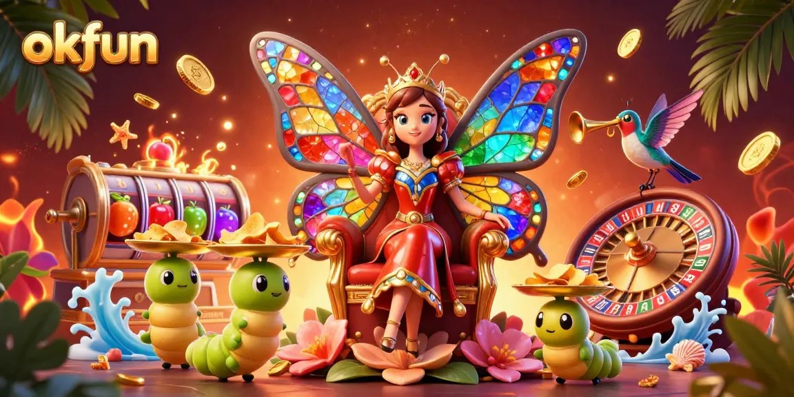 Experience the thrills of okfun with casino games, vibrant characters, and dynamic visuals in an engaging illustration.
