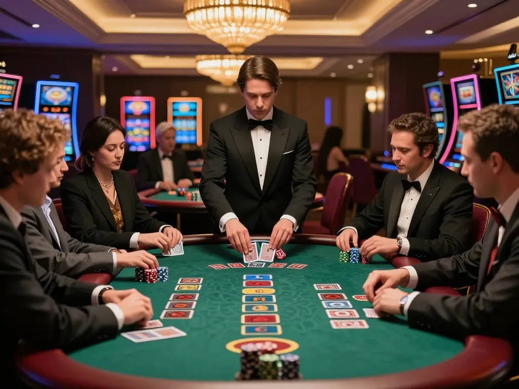 Engaged players at https://go8.onl/ blackjack table strategizing winning bets amid ambient casino lighting.