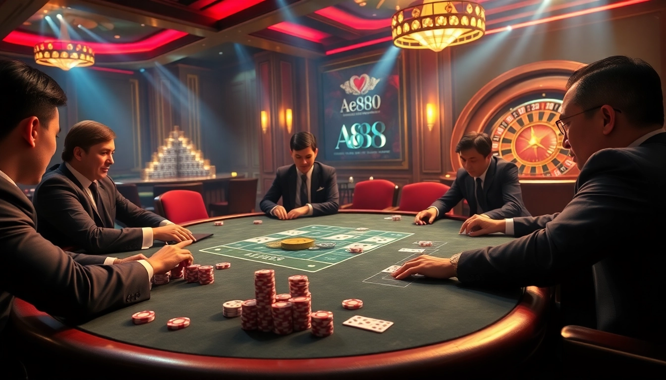 High-stakes poker game at AE888, showcasing excitement and luxury in gambling.