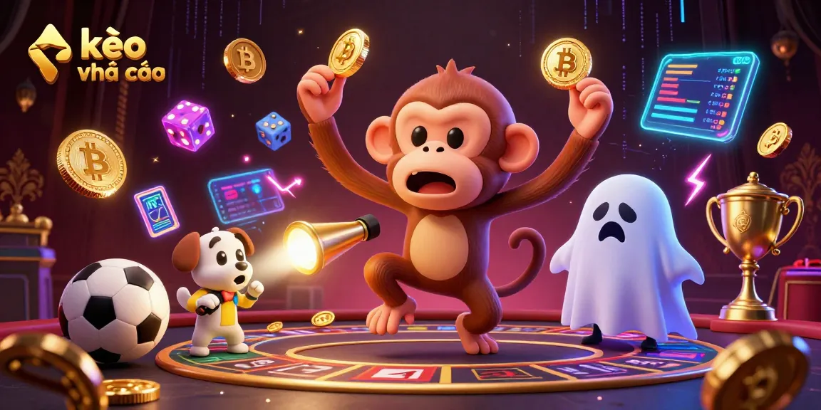 Engaging illustration of kèo nhà cái featuring a mischievous monkey and curious puppy in a dynamic sports betting scene