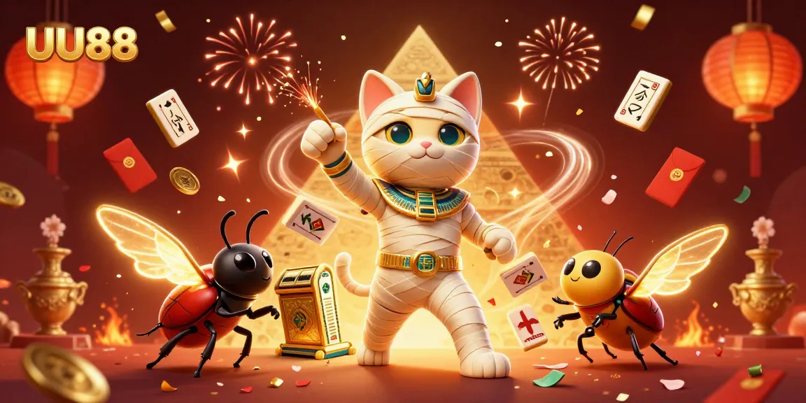 Join the lively UU88 casino adventure with an Egyptian mummy cat and glowing scarab beetle!