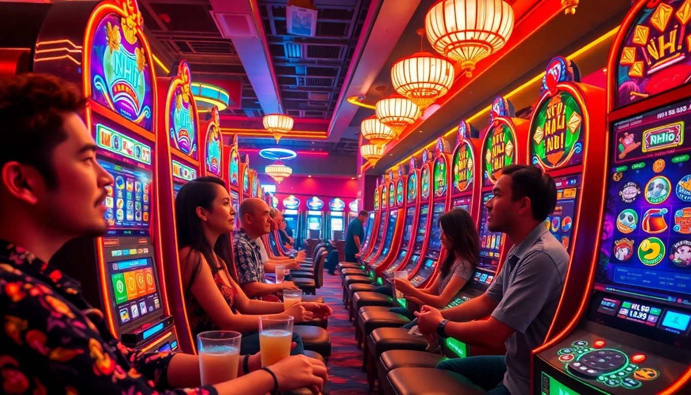 Nổ Hũ gaming experience with vibrant slot machines and excited players.