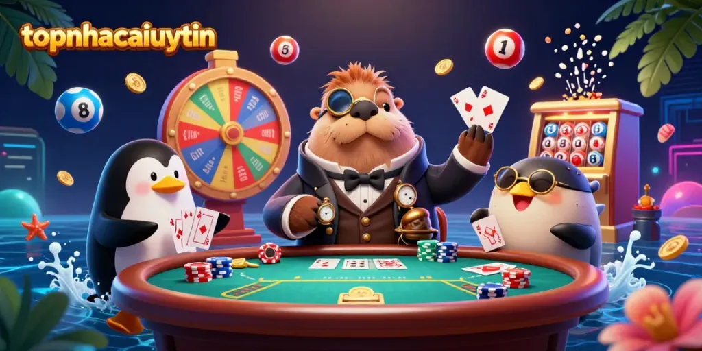 Engaging scene showcasing topnhacaiuytin with a playful walrus at an underwater poker game.