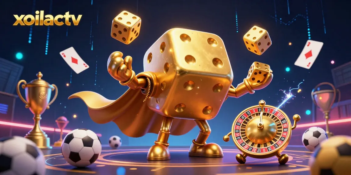 Xoilactv features a vibrant illustration with dice golem and sports elements, ideal for bettors.