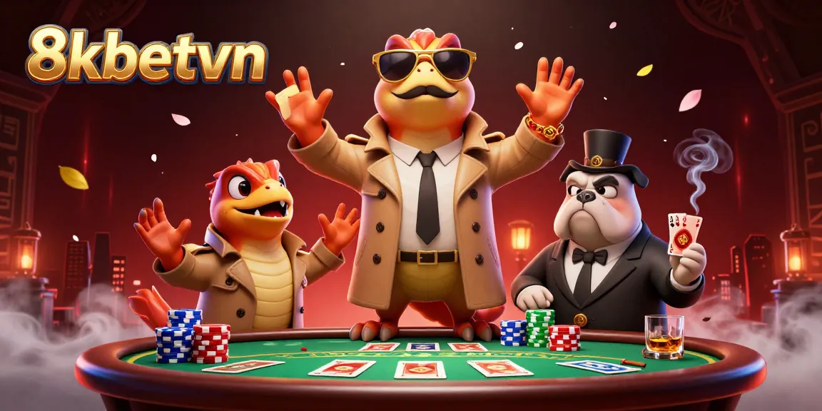 Experience exciting gaming adventures at 8kbetvn with raptors in a trench coat at a casino lounge.