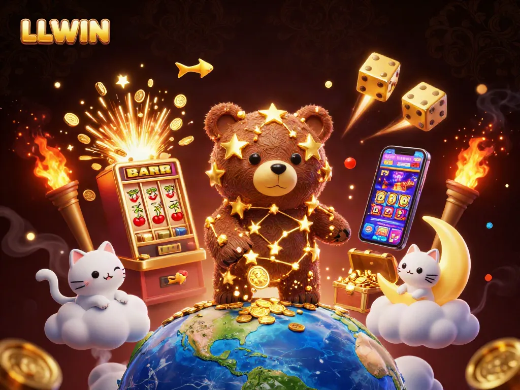 Engage with LLWIN: 3D illustration of a golden constellation bear and playful casino elements.