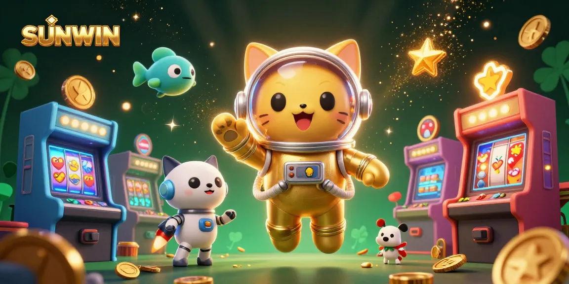 SUNWIN offers an exciting casino experience with a vibrant floating 3D illustration featuring unique characters and engaging gaming elements.
