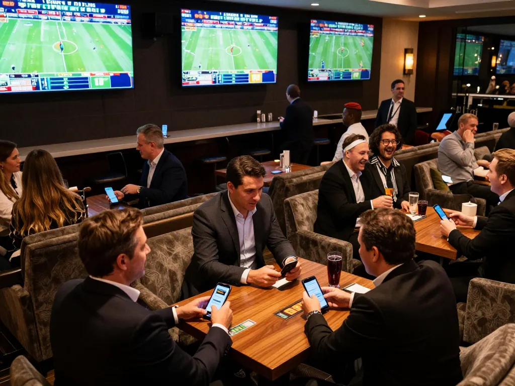 Excited patrons placing bets at UFAKICK's upscale sports betting lounge with lively atmosphere