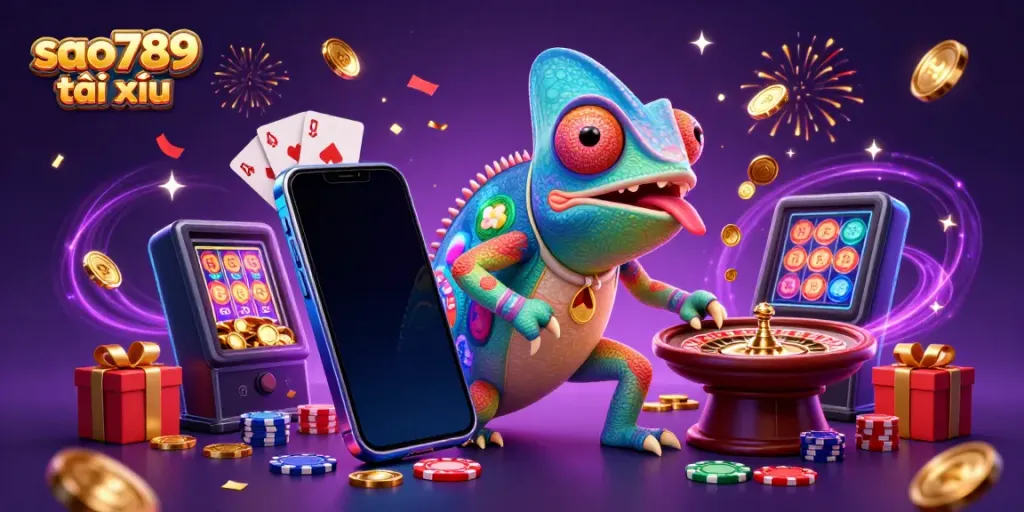 Sao789 tài xỉu chameleon casino owner captures golden coins amidst vibrant gaming elements.