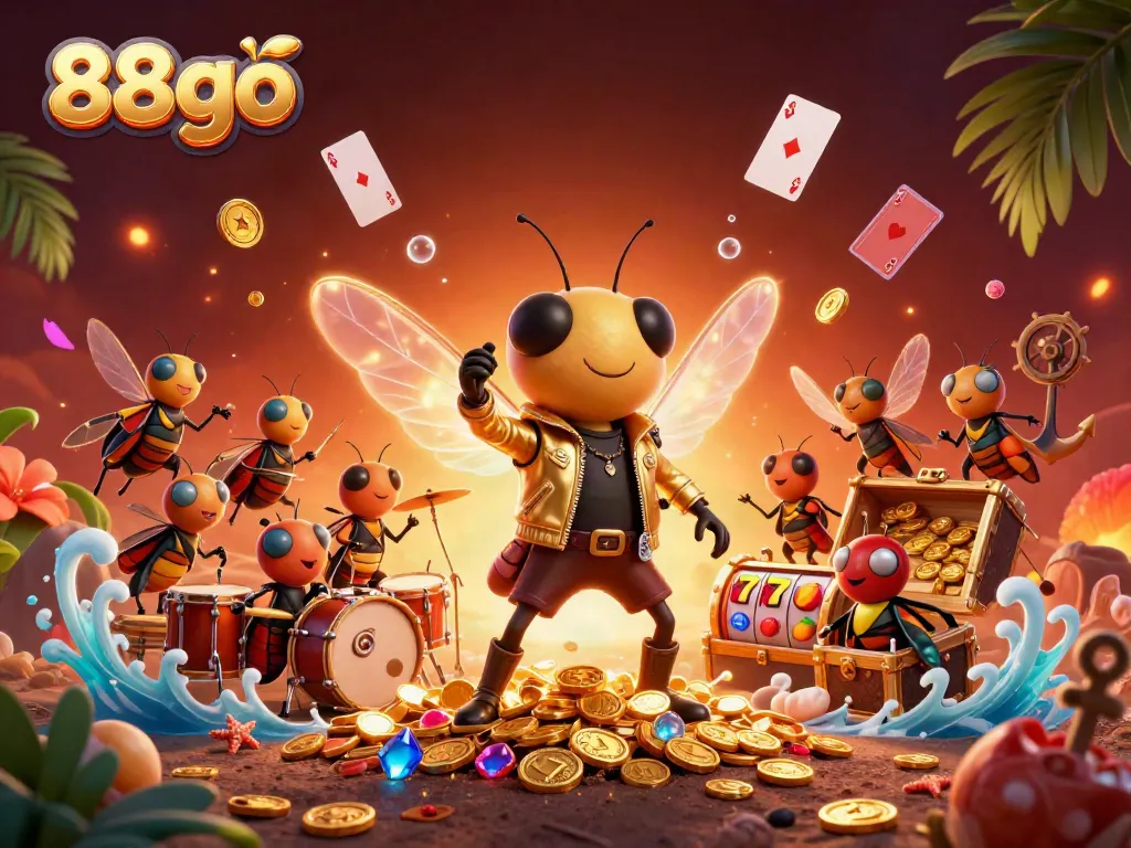 Spin and win with 88go's vibrant casino illustration showcasing slot machines and treasure.