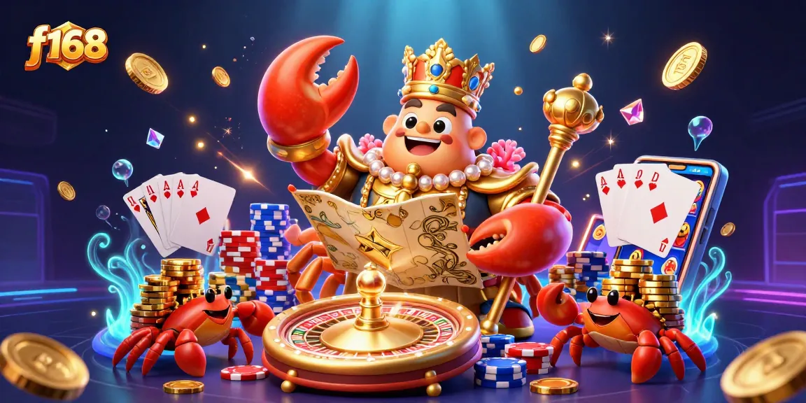 Join the excitement at f168 with the golden crab emperor orchestrating a treasure-filled casino extravaganza.