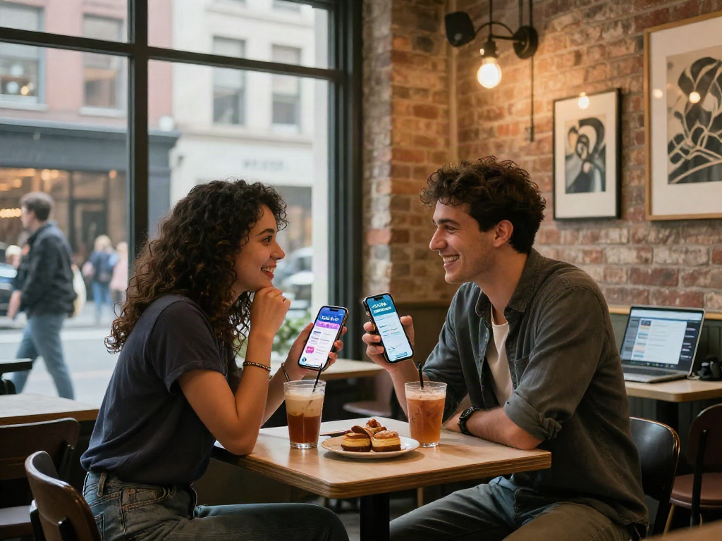 Young couple enjoying a digital dating experience, discovering 'crush on' matches in a cozy café setting.