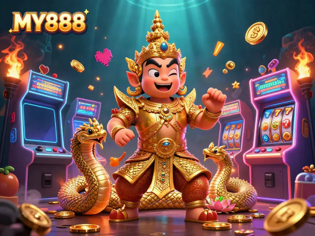 Engage in thrilling gameplay at MY888's dynamic casino scene featuring exciting slot reels and characters.