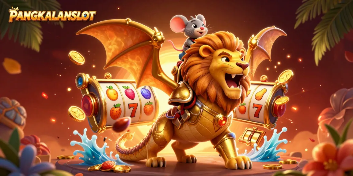 PANGKALANSLOT showcases an exciting scene with a golden chimera and slot machines, symbolizing online gaming adventure.