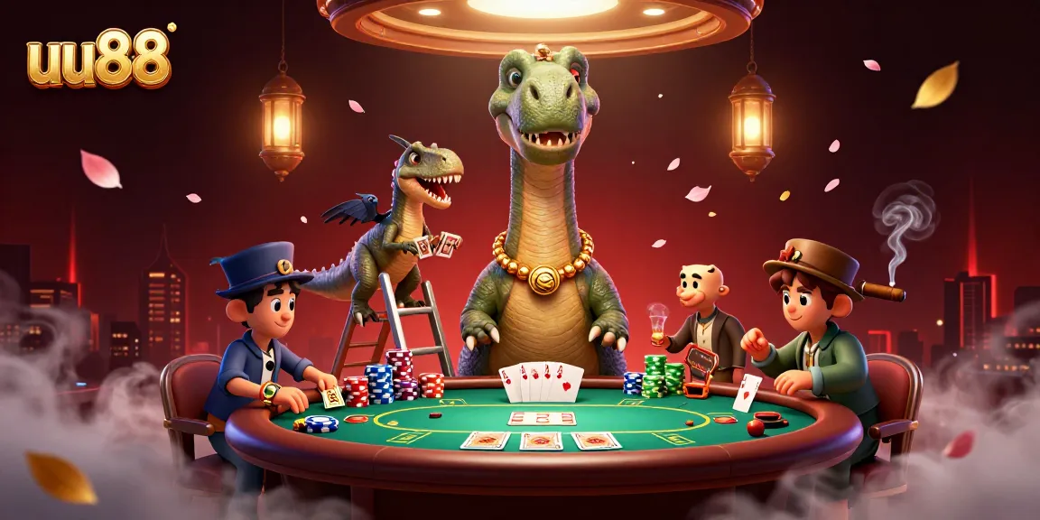 Bet big at uu88 as a brontosaurus oversees a high-stakes poker game with vibrant casino elements.
