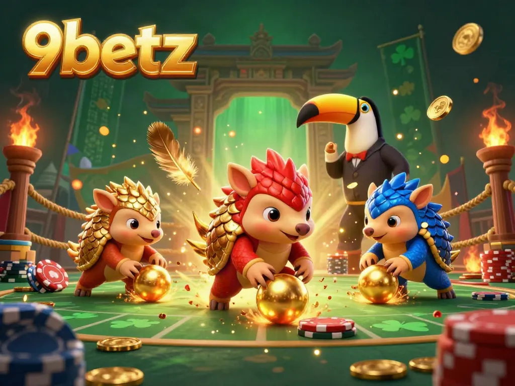 Experience the thrill of 9betz with rival pangolins bowling through poker chips in a vibrant casino scene.