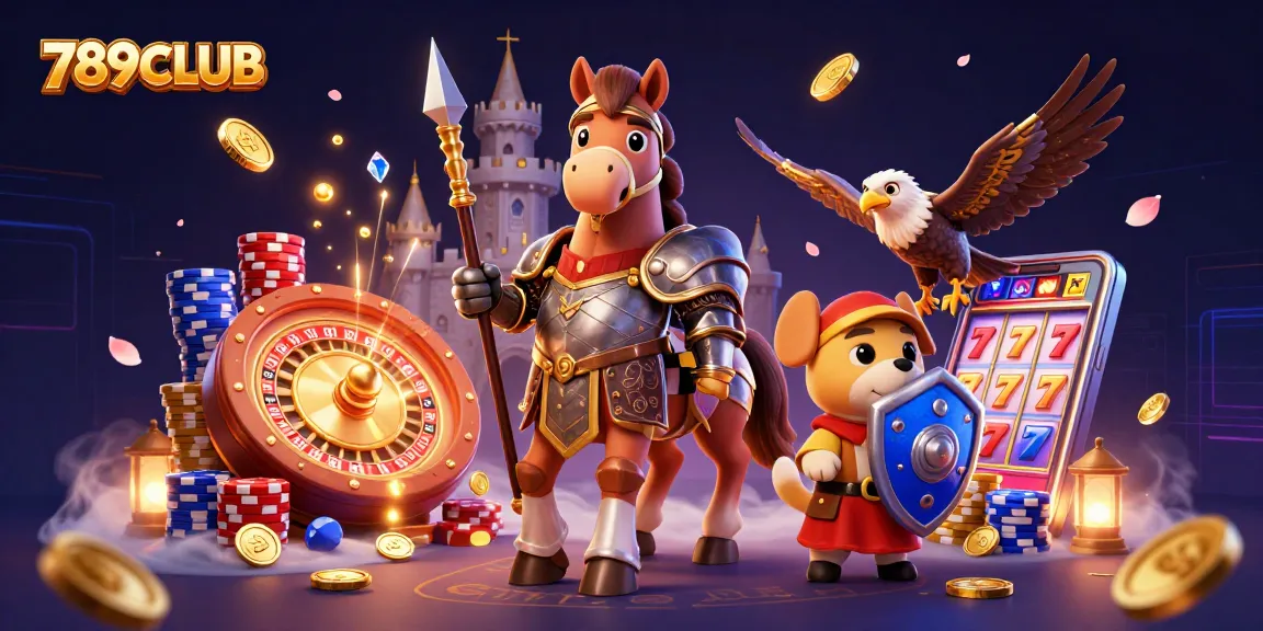 Experience the thrill of 789CLUB with a knight, playful puppy, and falcon amidst casino treasures.