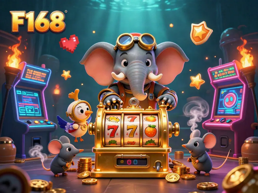 Spin the golden slot machine with F168's colorful characters in a vibrant casino atmosphere.