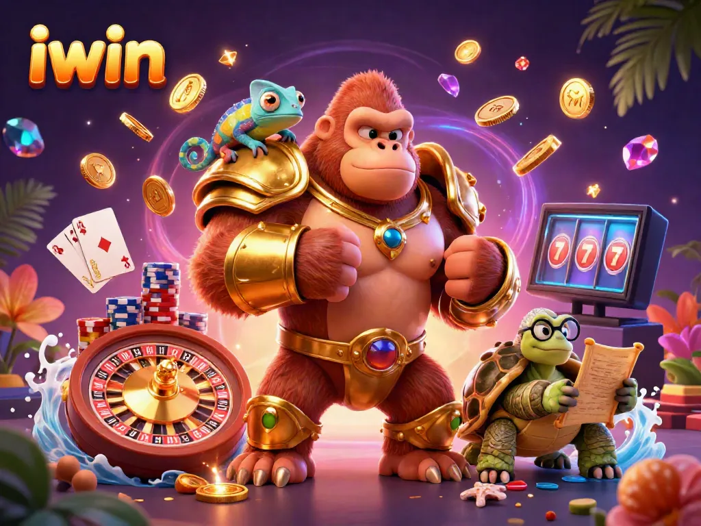 Experience thrilling gameplay with iwin's vibrant casino scene filled with characters, coins, and cards.