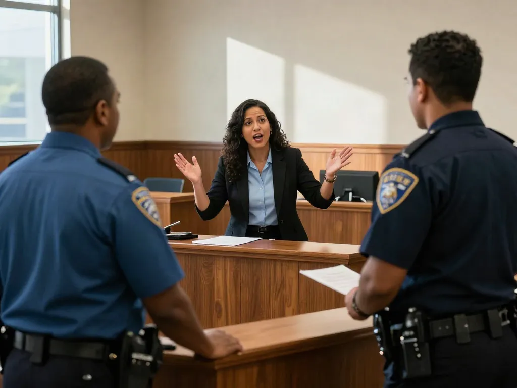 Marietta DUI arrests courtroom scene with attorney cross-examining police officer, showcasing legal expertise and determination.