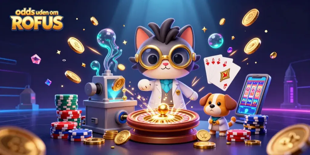 Bet on odds uden om ROFUS with vibrant casino scene featuring golden coins and dynamic gaming elements.