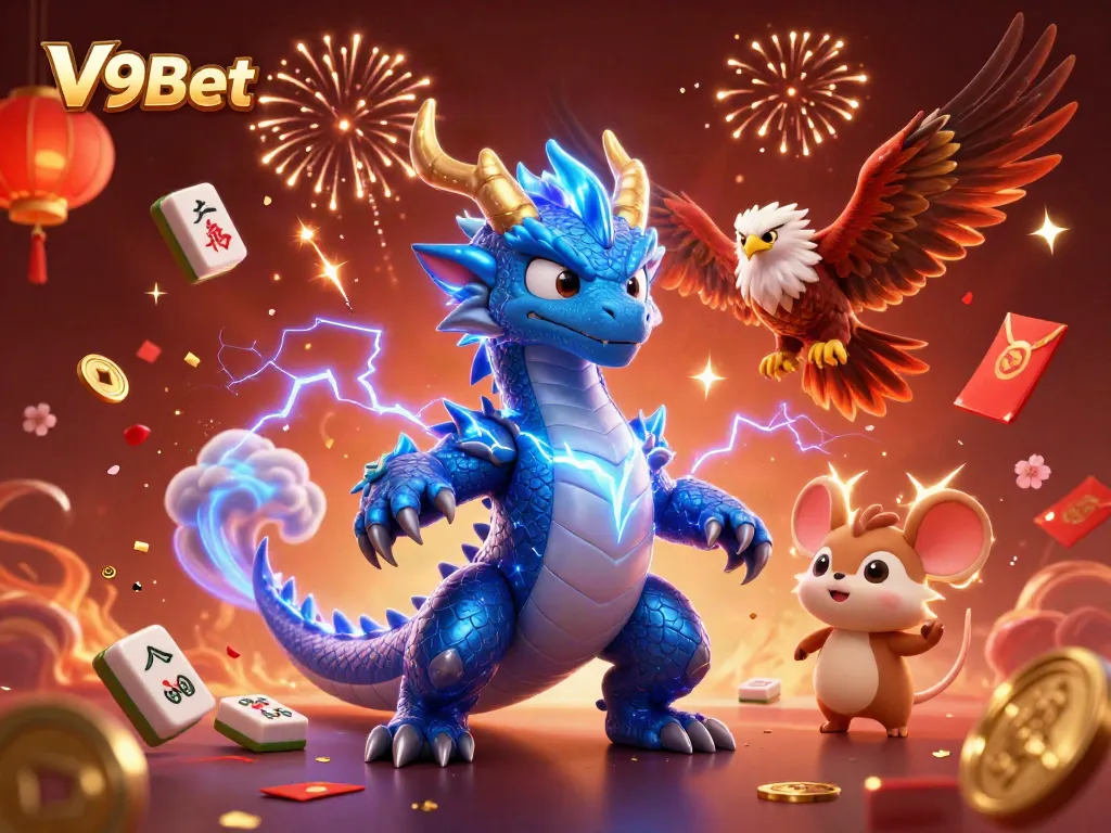 Experience the thrilling excitement of V9Bet with vibrant 3D characters amidst casino elements.