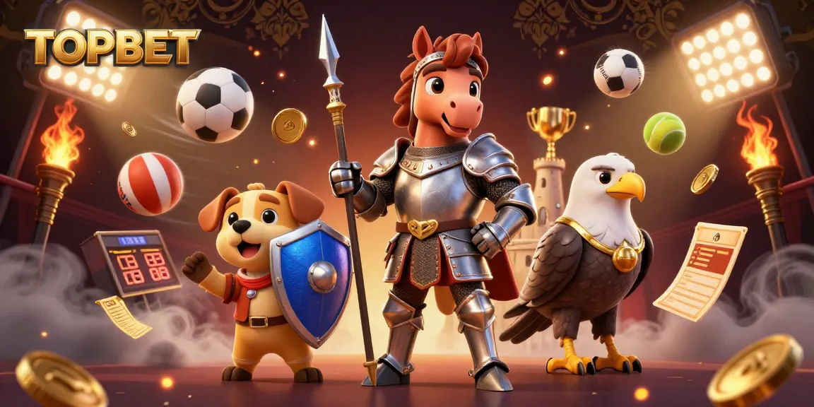 TOPBET showcases an epic scene with a knight, squire puppy, and falcon amidst dynamic sports betting elements.