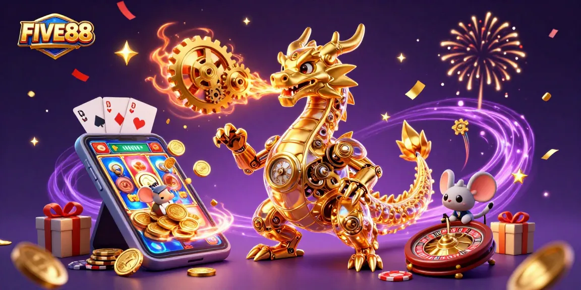 Engage with FIVE88's vibrant world of gaming featuring a golden dragon and dynamic casino elements.