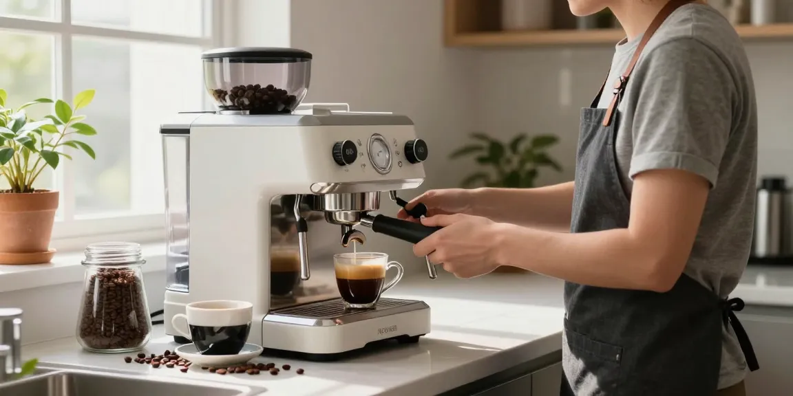 ROKOK88 espresso machine brewing rich coffee with crema in a modern kitchen.