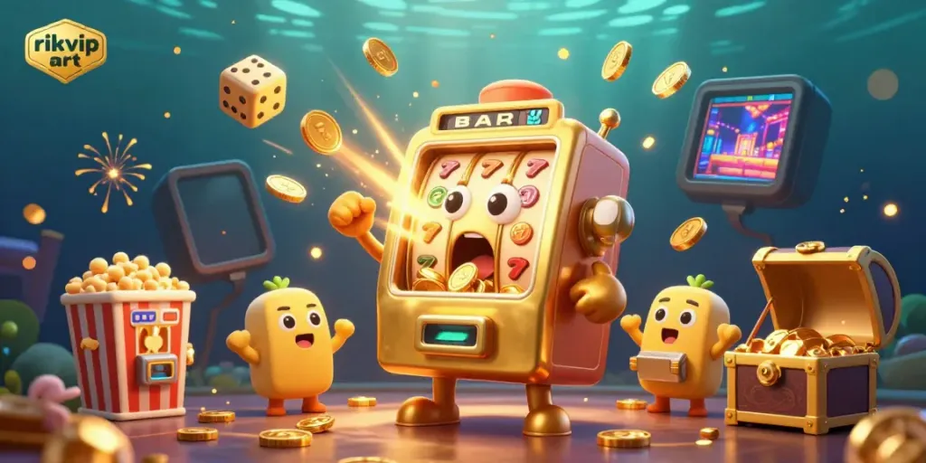Experience the excitement of rikvip art with a golden slot machine hitting a jackpot amidst flying coins and vibrant gaming elements.