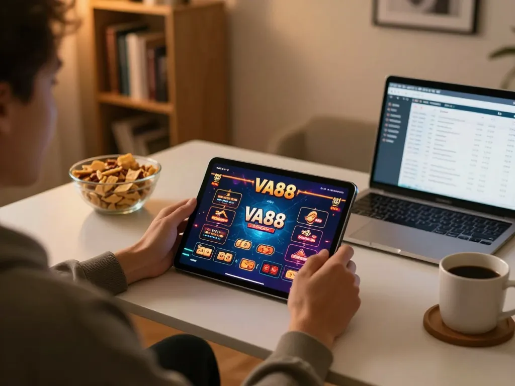 Engaging with VA88 online casino on tablet, vibrant game interface at cozy home setting