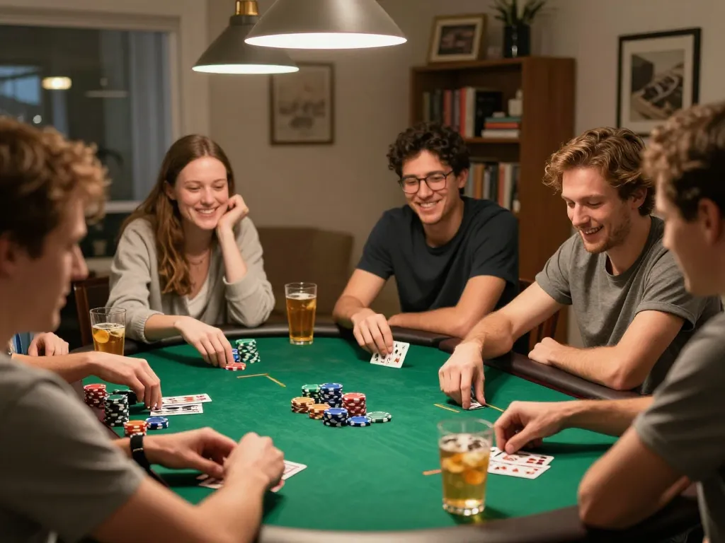Players enjoy a lively poker game night at home, showcasing sunwin strategies and social interaction