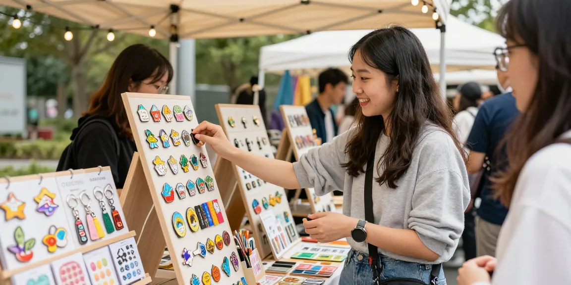 Showcase of custom enamel pins in a vibrant market stall setting, highlighting unique designs and colorful merchandise.