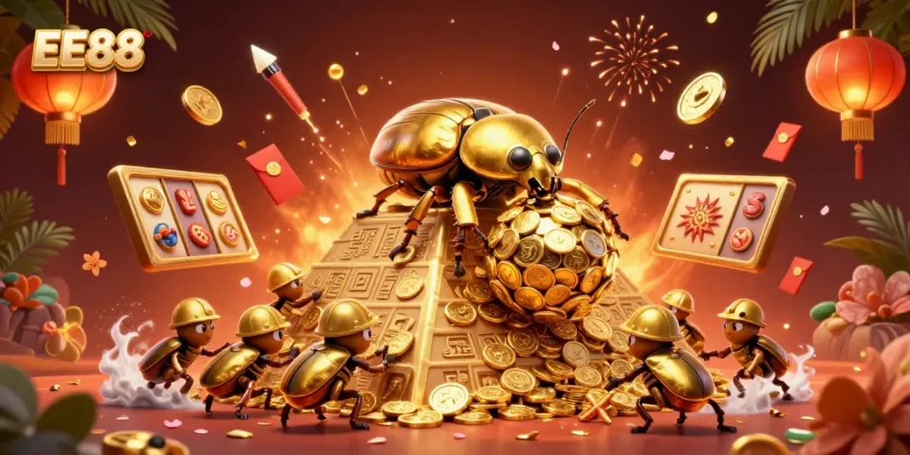 Engage in exciting gameplay with EE88 at this vibrant 3D casino scene featuring thrilling jackpots and festive symbols.
