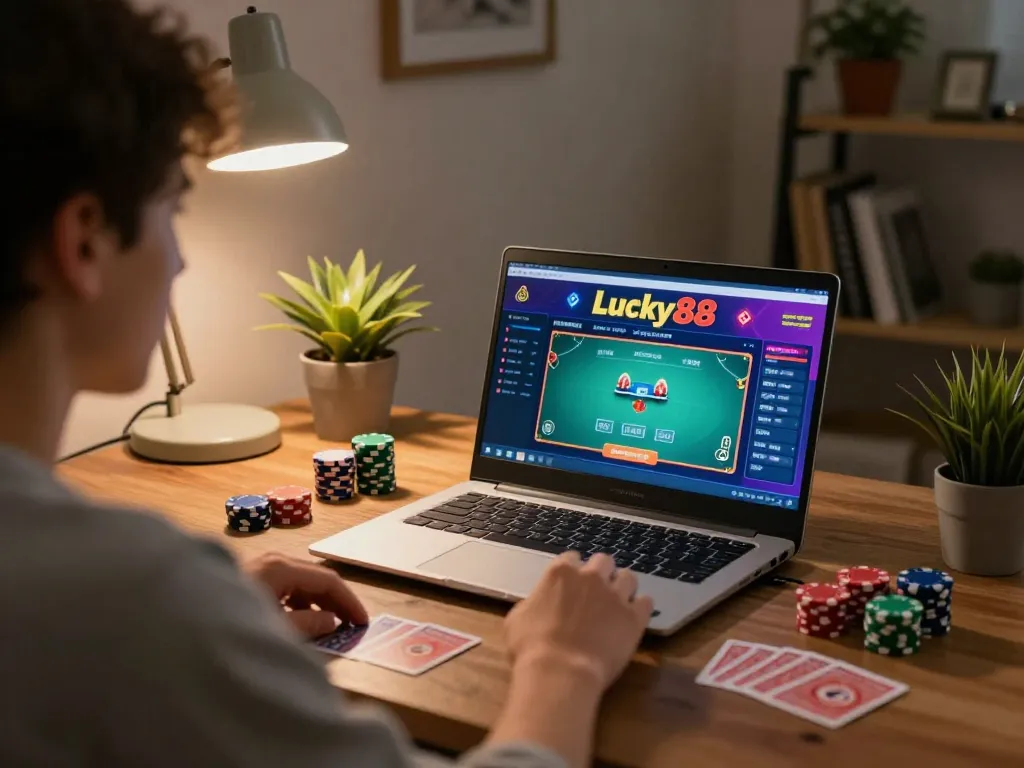 Engaged player strategizing while enjoying lucky88 poker game online in cozy home office.
