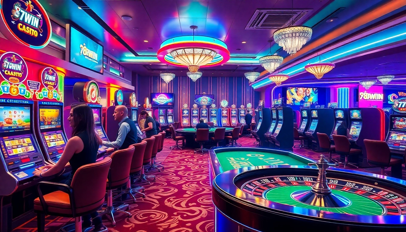 Experience the thrill of 78win vip with a vibrant casino scene showcasing players at slot machines and poker tables.