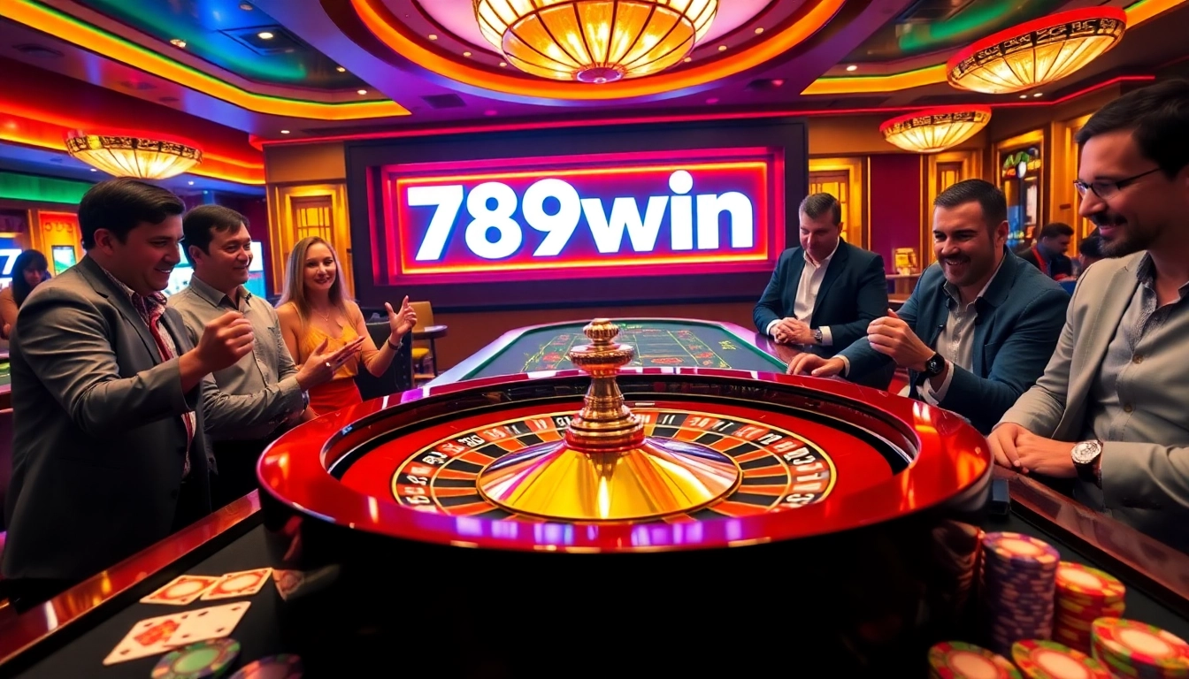 Experience the thrill of gambling at 789win with an exciting casino scene featuring roulette and poker.