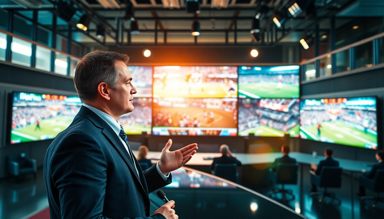 Engaging sports broadcasting scene with dynamic commentator, lively studio backdrop.