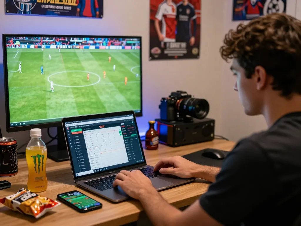 1gom user engaging with live football betting odds on laptop in dynamic sports environment.
