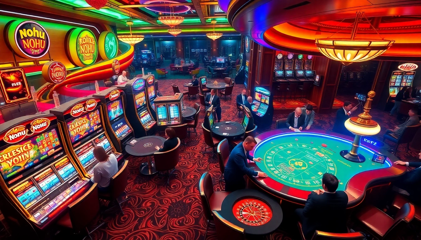 Gambler spins the Nohu slot machine, celebrating a big win in a luxurious casino.