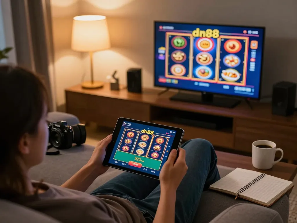 Engaging with the app dn88 on a tablet for online casino gaming, creating a cozy home entertainment scene.